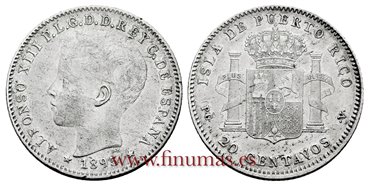 Cy16717F.- ALFONSO XIII 20 Ctm. Peso 1895 Puerto Rico PGV - MBC+ 