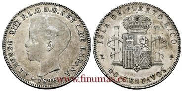 Cy16718F.- ALFONSO XIII 40 Ctm. Peso 1896 Puerto Rico PGV - MBC+. R.B.O