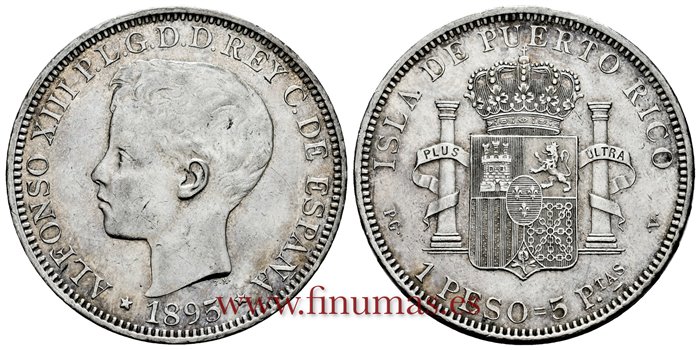 Cy16719F.- ALFONSO XIII 1 Peso 1895 Puerto Rico PGV - MBC+ 