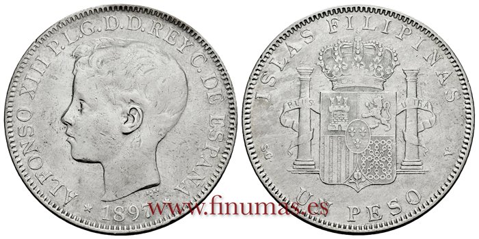 Cy16722F.- ALFONSO XIII 1 Peso 1897 Filipinas SMV - MBC+ 