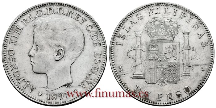 Cy16722G.- ALFONSO XIII 1 Peso 1897 Filipinas SMV - EBC- 