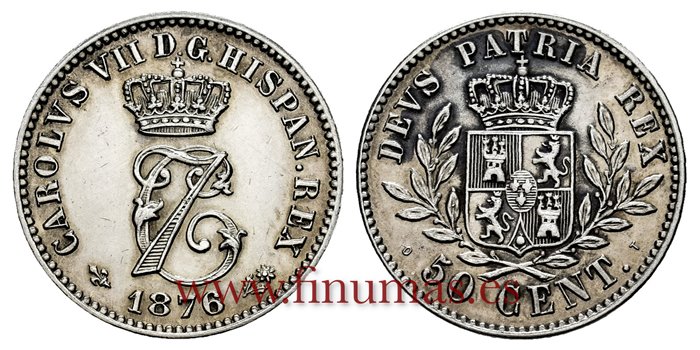 Cy16543K.- CARLOS VII 50 Centimos 1876 Bruselas S.C