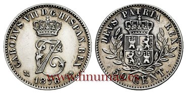 Cy16543K.- CARLOS VII 50 Centimos 1876 Bruselas S.C