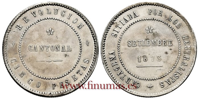 Cy16528.2.- G.P  Y I REPUBLICA 5 Pesetas CANTONAL 1873 coincidente - MBC+