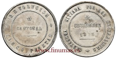 Cy16528.2.- G.P  Y I REPUBLICA 5 Pesetas CANTONAL 1873 coincidente - MBC+