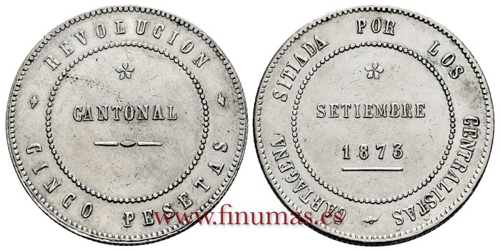 Cy16527.- G.P  Y I REPUBLICA 5 Pesetas CANTONAL 1873 No coincidente - EBC