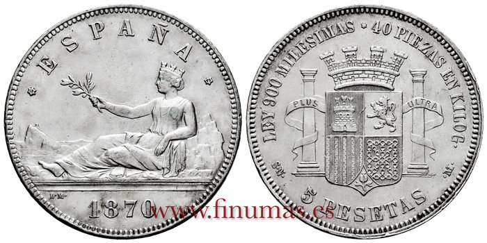Cy16523I.- G.P  Y I REPUBLICA - 5 Pesetas 1870 SNM (18-70) - EBC