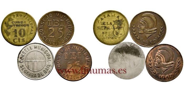 Cy16816L.- Lote 4 piezas Guerra Civil. 2 x 25 cent. IBI, 10 Ctms. Cazalla de la Sierra y 1 Pts. Segarra de Gaia