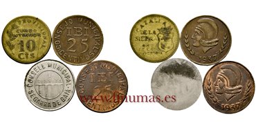 Cy16816L.- Lote 4 piezas Guerra Civil. 2 x 25 cent. IBI, 10 Ctms. Cazalla de la Sierra y 1 Pts. Segarra de Gaia