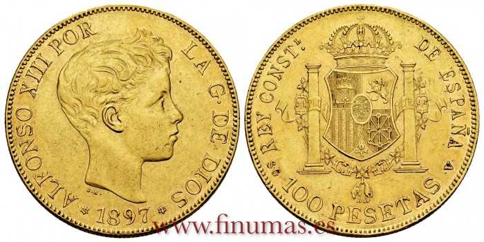 Cy16714.J.- ALFONSO XIII  100 pts 1897  *18-97 Madrid.  SC. ORO