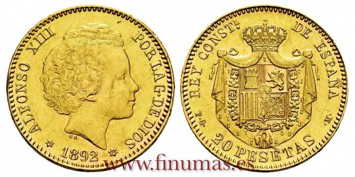 Cy16970.J.- 20 PESETAS 1892 (18-92) PG M- SC-. GOLD
