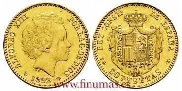 Cy16970.J.- 20 PESETAS 1892  (18-92) PG M- SC-. ORO