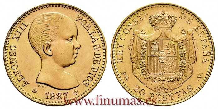 Cy16971K.- 20 PESETAS 1887 *19 *62 PG V- SC. GOLD