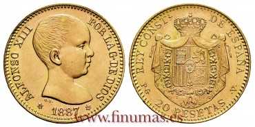 Cy16971K.- 20 PESETAS 1887  *19 *62  PG V- SC. ORO