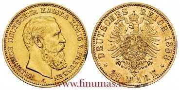 ALEMANIA ESTADOS PRUSIA - K-515 - 20 MARCOS 1888. ORO - EBC+. B.O.