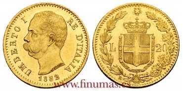 ITALIA K-021 - 20 LIRE  UMBERTO I 1882 R. S.C.  B.O.  - ORO