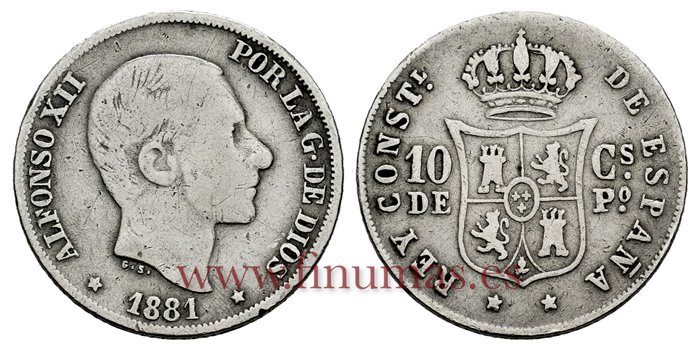 Cy16618C.- ALFONSO XII 10 Ctm. de Peso 1881 Manila - BC 