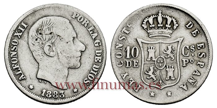 Cy16620C.- ALFONSO XII 10 Ctm. de Peso 1883 Manila - BC+ 