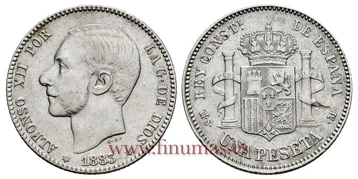 Cy16570G.- ALFONSO XII 1 Pesetas 1883 (18-83) MSM.- MBC+