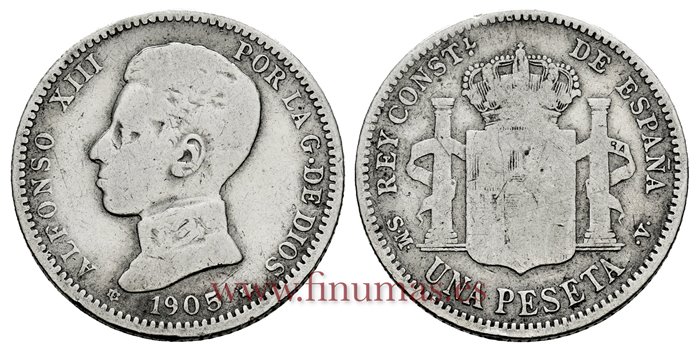 Cy16683C-1.- ALFONSO XIII 1 Pesetas 1905 (_-_) SMV - BC 