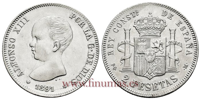 Cy16689H.- ALFONSO XIII 2 Pesetas 1891 (18-_1) PGM - EBC