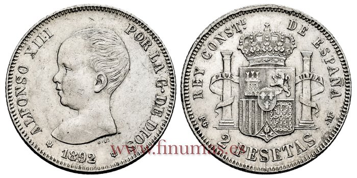 Cy16690H.- ALFONSO XIII 2 Pesetas 1892 (18-92) PGM - EBC