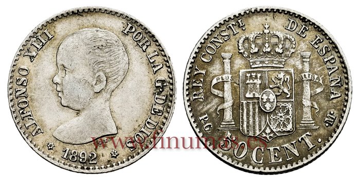 Cy16659V.- ALFONSO XII 50 Centimos 1892 Variante sobre 1882(9-2) - MBC+