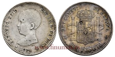 Cy16672F1.- ALFONSO XII 1 Peseta 1891 PGM(_-89) - MBC+