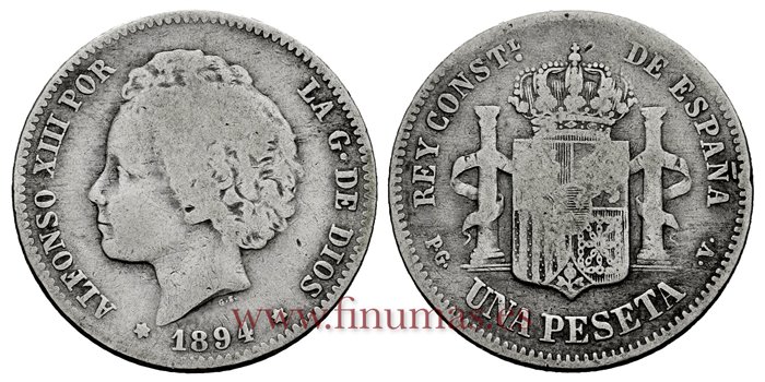 Cy16674C.- ALFONSO XII 1 Peseta 1894 PGV(_-_) - BC