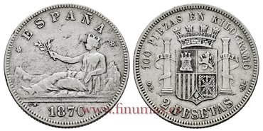 Cy16516V.- G.P  Y I REPUBLICA - 2 Pesetas 1870 DEM- Variante (7--18) - BC+