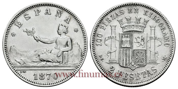 Cy16517G.- G.P  Y I REPUBLICA - 2 Pesetas 1870 SNM (18-73) - EBC-