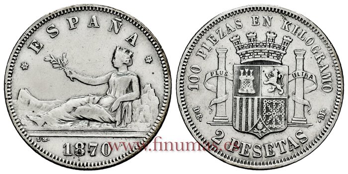 Cy16518F.- G.P  Y I REPUBLICA - 2 Pesetas 1870 DEM (18-74) - MBC+