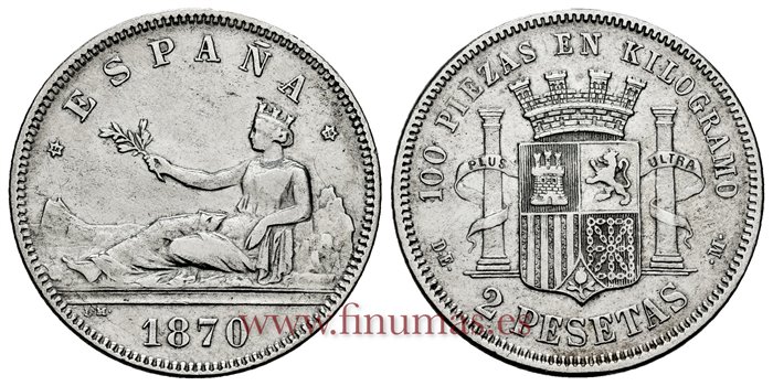 Cy16519F.- G.P  Y I REPUBLICA - 2 Pesetas 1870 DEM (18-75) - MBC+