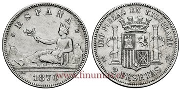 Cy16519F.- G.P  Y I REPUBLICA - 2 Pesetas 1870 DEM (18-75) - MBC+