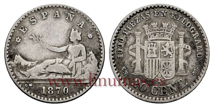 Cy16505D.- G.P  Y I REPUBLICA - 20 Centimos 1870 SNM- (7-0) - MBC-