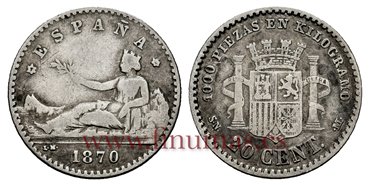 Cy16505D.- G.P  Y I REPUBLICA - 20 Centimos 1870 SNM- (7-0) - MBC-