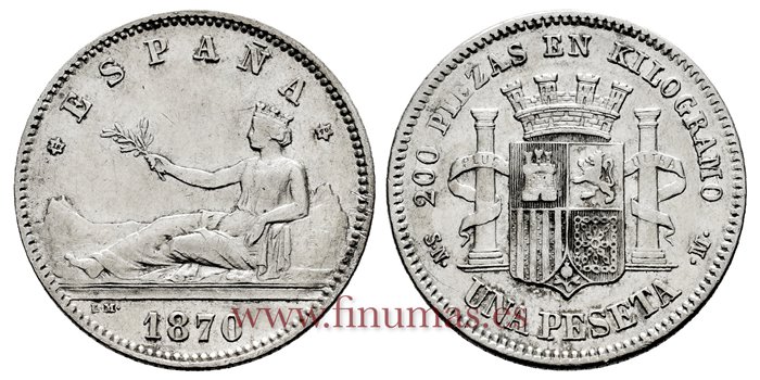 Cy16516H.- G.P  Y I REPUBLICA - 1 Pesetas 1870 SNM (18-70) - EBC