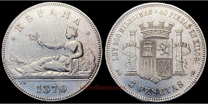 CY16523G.- G.P Y I REPUBLICA 5 PESETAS 1870 (18-70) S.N.M.- EBC-