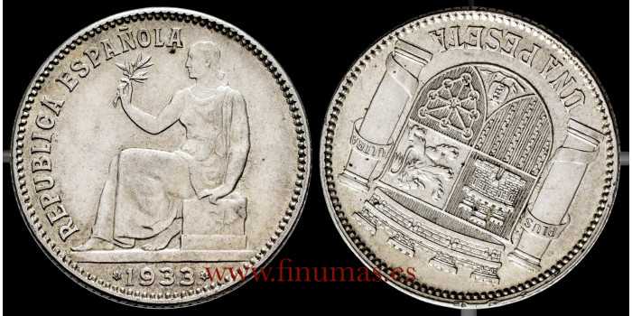 Cy16743.rg2.-  II REPUBLICA - 1 Peseta 1933 (---) Reverso girado 20º - EBC-.