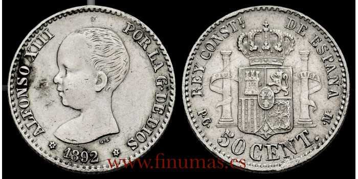 Cy16659HV2.- ALFONSO XIII 50 Centimos 1892 VARIANTE (6-2) - EBC