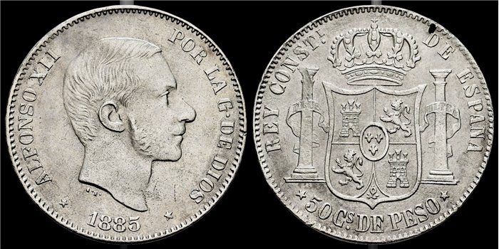 Cy16638.-ALFONSO XII 50 Ctm. Peso 1885 Manila 1885.- MBC+
