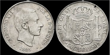 Cy16638.-ALFONSO XII 50 Ctm. Peso 1885 Manila 1885.- MBC+
