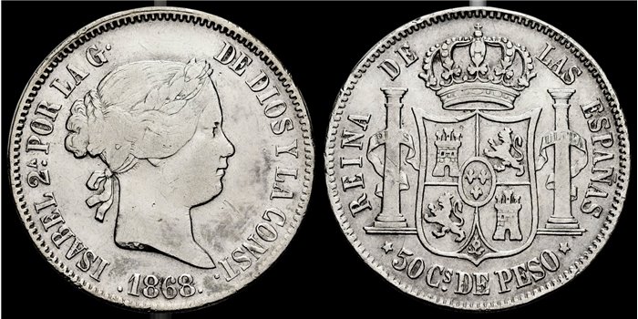 Cy16246.-ISABEL II -  50 Ctm. Peso 1868 Manila 1868.-MBC