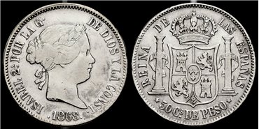 Cy16246.-ISABEL II -  50 Ctm. Peso 1868 Manila 1868.-MBC