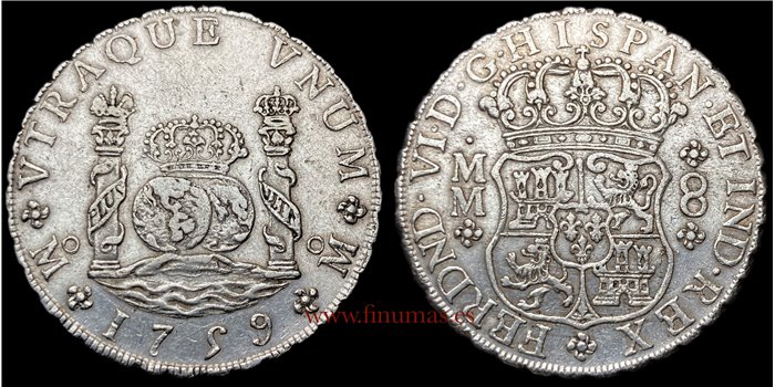 Cy09905.-FERNANDO VI - 8 Reales Columnario 1759 Mexico M .MBC+