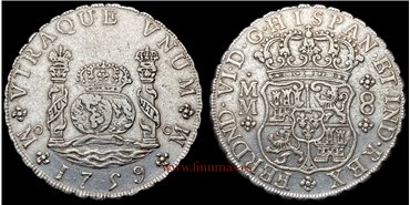 Cy09905.-FERNANDO VI - 8 Reales Columnario 1759 Mexico M .MBC+