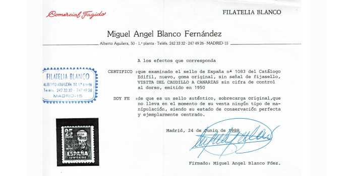 copy of Edifil 1083.- VISIT CAUDILLO CANARIAS. NEW. DOUBLE CERTIFICATE