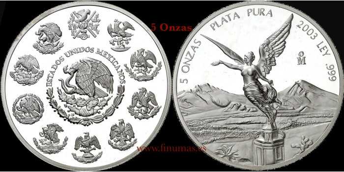 MEXICO - K-615 - 5 ONZAS 2003. PROOF - PLATA