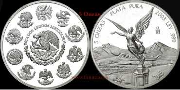 MEXICO - K-615 - 5 ONZAS 2003. PROOF - PLATA