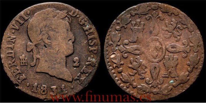 Cy13943.2.- FERNANDO VII - 2 Maravedís 1831 Segovia . MBC-